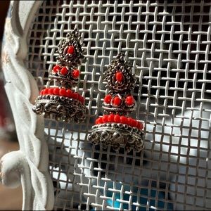 Pakistani/Indian bohemian silver and red earrings NWOT Bollywood